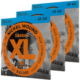 D'Addario EXL140-3D Nickel Wound Electric Guitar Strings, Light Top/Heavy Bottom, 10-52, 3 sets