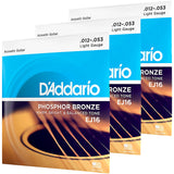 D'Addario Phosphor Bronze Acoustic Guitar Strings - .012-.053 Light (3-pack) - EJ16-3D