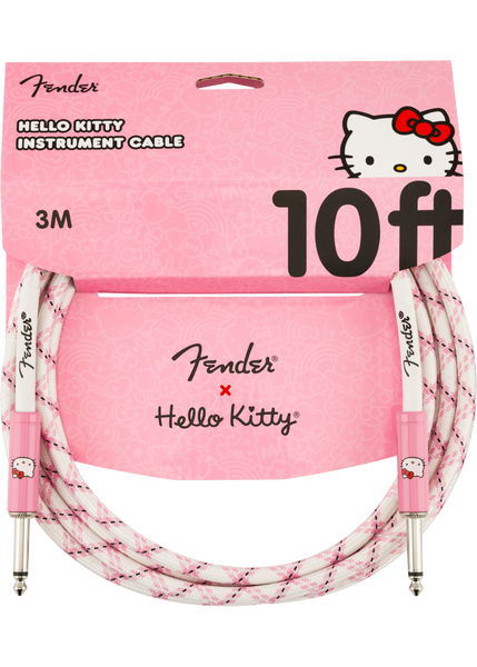 Fender 0990818123 X Hello Kitty Official 10' ft Instrument/Guitar Cable, Woven White/Pink